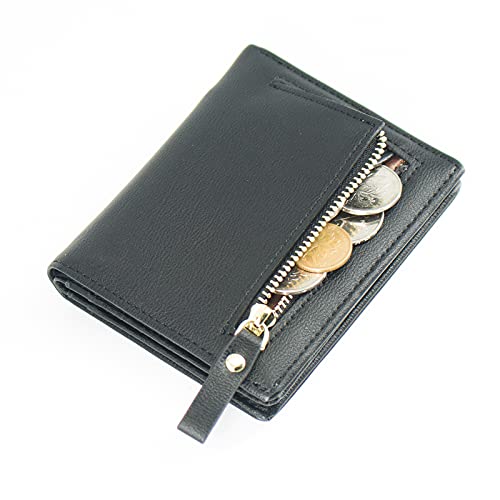 SUMGOFO Small Wallet for Women Slim Leather Card Holder RFID Mini Bifold Short Front Zipper Pocket Coin Purse (Black)