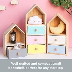 House Shaped Display Shelf with 3 Drawer - Wood Dresser Floating Shelf - Kids Bedroom Furniture - Desk Decor Book Shelf - Nursery Decor - Cute Storage Shelves for Bedroom - 1 Tier 7.9x1.8x11.4 in