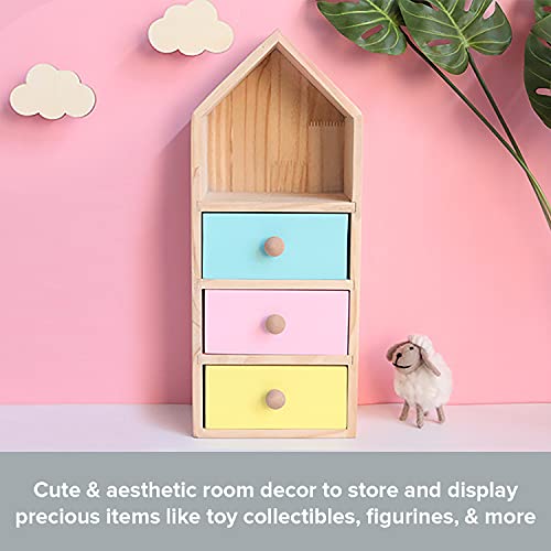 House Shaped Display Shelf with 3 Drawer - Wood Dresser Floating Shelf - Kids Bedroom Furniture - Desk Decor Book Shelf - Nursery Decor - Cute Storage Shelves for Bedroom - 1 Tier 7.9x1.8x11.4 in