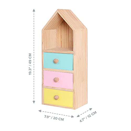 House Shaped Display Shelf with 3 Drawer - Wood Dresser Floating Shelf - Kids Bedroom Furniture - Desk Decor Book Shelf - Nursery Decor - Cute Storage Shelves for Bedroom - 1 Tier 7.9x1.8x11.4 in