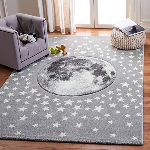 Safavieh Carousel Kids Collection 5'3" x 7'6" Light Grey/White CRK135F Moon and Stars Nursery Playroom Area Rug