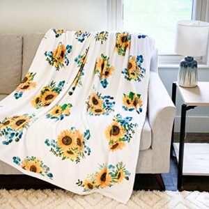 Sunflower Blanket Throw by Little Hill Home - Sunflower Throw Blanket with Greenery - 60"x60" Sunflower Throw Blankets - Super Soft Fleece Plush White Sunflower Blankets for Women Sunflower Gifts