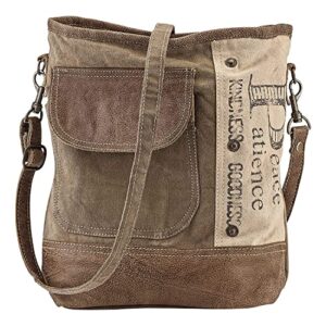 pgi traders upcycled canvas shoulder bag | earth friendly tote | inspirational words | no two alike | adjustable strap | fully lined | zip closure