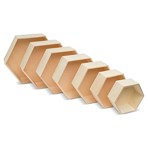 Woodpeckers Wooden Hexagon Floating Shelves with Backs, Set of 7, Unfinished for Crafts and DIY Wall Décor: Modern, Geometric, Rustic, or Honeycomb