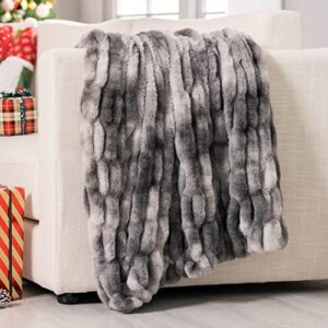 recyco soft rabbit faux fur throw blanket, luxurious ruched blanket for christmas holiday, couch, bed, living room, sofa. fuzzy, warm throw blanket with reversible mink velvet, marbled grey, 60″x80″