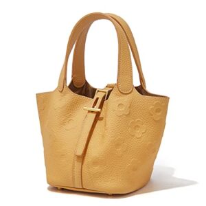 foxlover genuine leather mini handbags for women tote purses women’s top handle bucket bags(yellow)