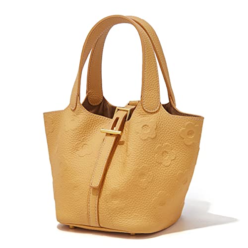 FOXLOVER Genuine Leather Mini Handbags for Women Tote Purses Women's Top Handle Bucket Bags(Yellow)