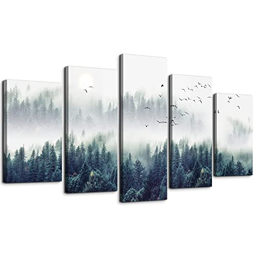 Canvas Wall Art For Living Room Wall Decorations For Bedroom Modern Office Wall Decor Foggy Forest Trees Landscape Painting Stretched And Framed Ready To Pictures Home Decor 5 Piece Set W40” x H20”