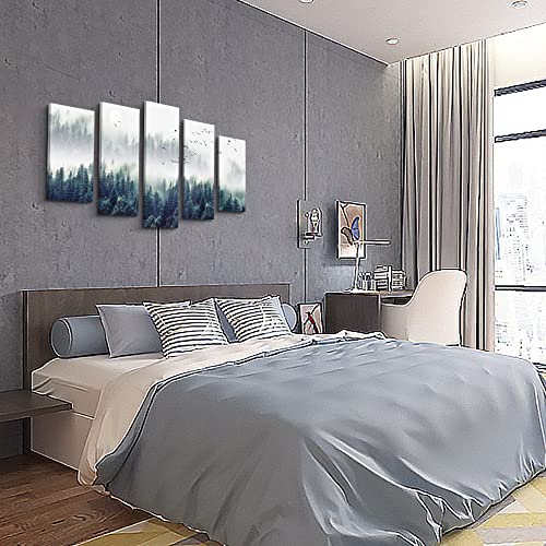 Canvas Wall Art For Living Room Wall Decorations For Bedroom Modern Office Wall Decor Foggy Forest Trees Landscape Painting Stretched And Framed Ready To Pictures Home Decor 5 Piece Set W40” x H20”