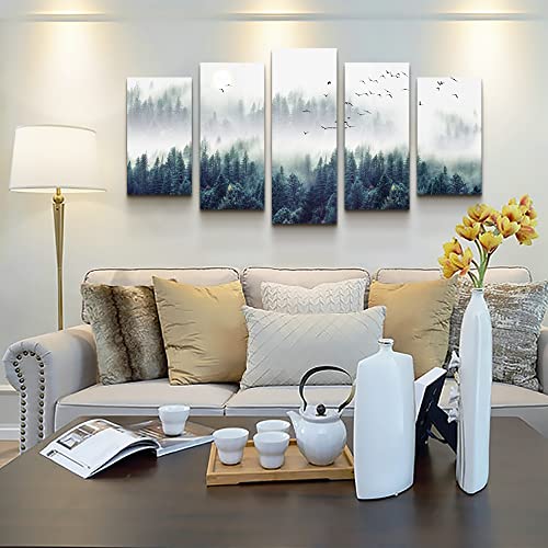 Canvas Wall Art For Living Room Wall Decorations For Bedroom Modern Office Wall Decor Foggy Forest Trees Landscape Painting Stretched And Framed Ready To Pictures Home Decor 5 Piece Set W40” x H20”