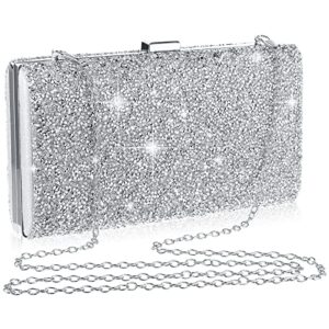 clutch purse evening bag women rhinestone glitter handbag double sided with chain crossbody purse shoulder for wedding party (silver)