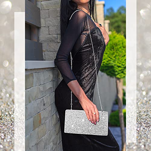 Clutch Purse Evening Bag Women Rhinestone Glitter Handbag Double Sided with Chain Crossbody Purse Shoulder for Wedding Party (Silver)