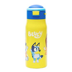 zak designs bluey double-wall vacuum insulated, stainless steel kids mesa water bottle with flip-up straw spout and locking spout cover, durable cup for sports or travel (13.5 oz, 18/8 ss)