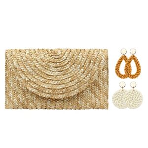 freie liebe straw clutch bag for women summer clutch purses beach envelope woven handbags with 5pcs earrings