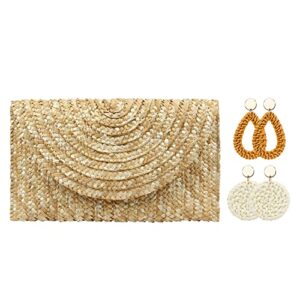 Freie Liebe Straw Clutch Bag for Women Summer Clutch Purses Beach Envelope Woven Handbags with 5PCS Earrings