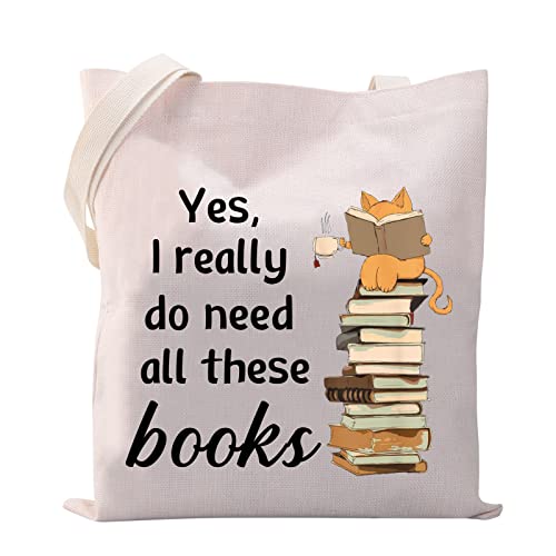 VAMSII Yes I really do Need All These Books Tote Bag Bookworm Tote Bag Book Lover Gifts Funny Bookish Gifts for Cat Lovers (Tote Bag)