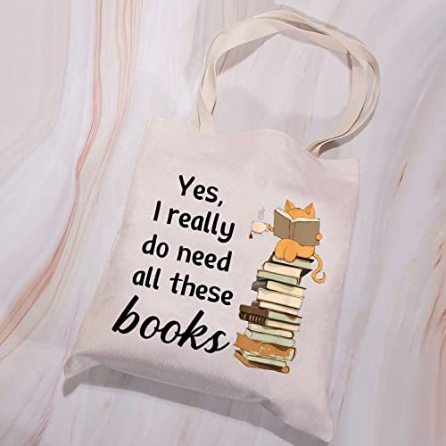 VAMSII Yes I really do Need All These Books Tote Bag Bookworm Tote Bag Book Lover Gifts Funny Bookish Gifts for Cat Lovers (Tote Bag)