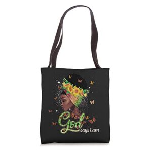 sunflower black girl god says i am butterflies afro woman tote bag