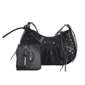 ouypcr woman punk style rivet satchels handbags, personality vintage fashion crescent tassel crossbody bag (black)