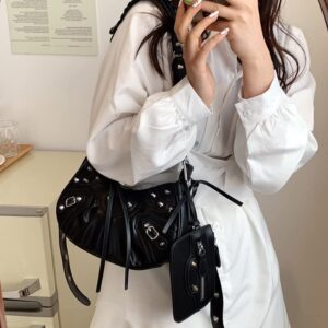 OUYPCR Woman Punk Style Rivet Satchels Handbags, Personality Vintage Fashion Crescent Tassel Crossbody Bag (Black)