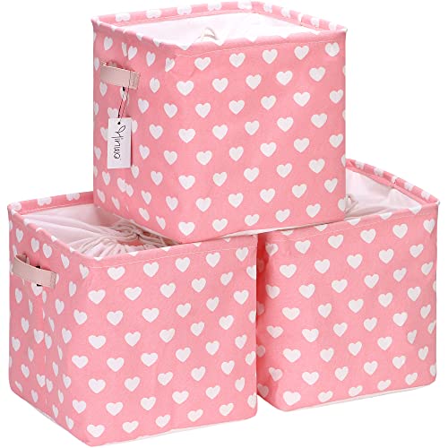 Hinwo 3-Pack Cubic Organizer Shelf Bins, Canvas Fabric Storage Baskets with Handles, 22L/5.8-Gal Square Storage Bins, Cubes, Collapsible Storage Box, 11 x 11 x 11 Inches (S, Pink Heart)