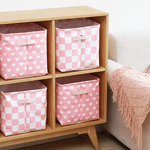 Hinwo 3-Pack Cubic Organizer Shelf Bins, Canvas Fabric Storage Baskets with Handles, 22L/5.8-Gal Square Storage Bins, Cubes, Collapsible Storage Box, 11 x 11 x 11 Inches (S, Pink Heart)