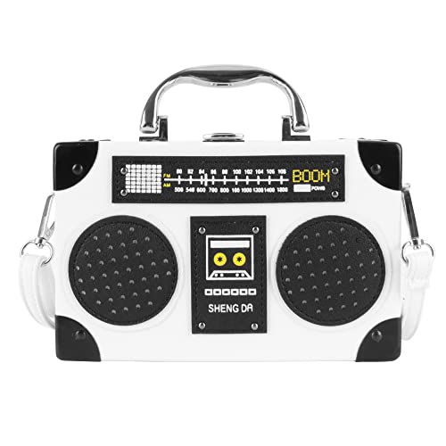 Vintage Radio Recorder Clutch Handbag Leather Top Metal Handle Crossbody Small Box Bag Shoulder Bag, White