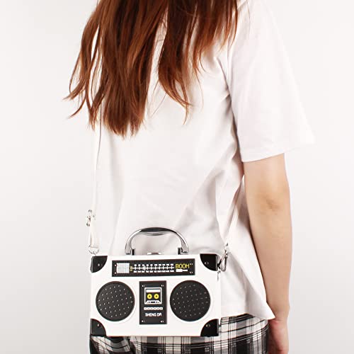 Vintage Radio Recorder Clutch Handbag Leather Top Metal Handle Crossbody Small Box Bag Shoulder Bag, White