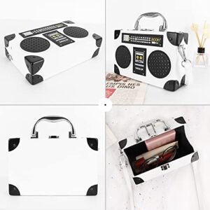 Vintage Radio Recorder Clutch Handbag Leather Top Metal Handle Crossbody Small Box Bag Shoulder Bag, White