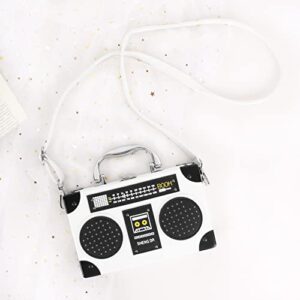 Vintage Radio Recorder Clutch Handbag Leather Top Metal Handle Crossbody Small Box Bag Shoulder Bag, White