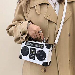 Vintage Radio Recorder Clutch Handbag Leather Top Metal Handle Crossbody Small Box Bag Shoulder Bag, White