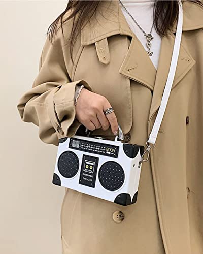 Vintage Radio Recorder Clutch Handbag Leather Top Metal Handle Crossbody Small Box Bag Shoulder Bag, White