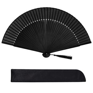 wobe hand held bamboo silk folding fan, chinese japanese handheld fan with tassel wooden charming elegant vintage retro style for women ladys girls dance party home decorations