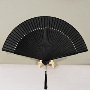 Wobe Hand Held Bamboo Silk Folding Fan, Chinese Japanese Handheld Fan with Tassel Wooden Charming Elegant Vintage Retro Style for Women Ladys Girls Dance Party Home Decorations