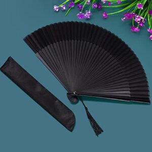 Wobe Hand Held Bamboo Silk Folding Fan, Chinese Japanese Handheld Fan with Tassel Wooden Charming Elegant Vintage Retro Style for Women Ladys Girls Dance Party Home Decorations