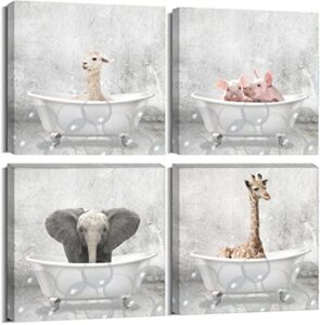 oulawote animal wall art canvas print funny giraffe elephant painting picture for bathroom living room decorations (overall size: 12”x12”x4pcs)
