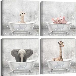 oulawote Animal Wall Art Canvas Print Funny Giraffe Elephant Painting Picture for Bathroom Living Room Decorations (Overall Size: 12''x12''x4pcs)