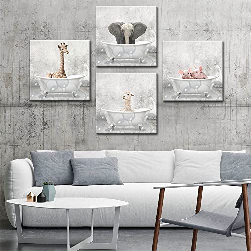 oulawote Animal Wall Art Canvas Print Funny Giraffe Elephant Painting Picture for Bathroom Living Room Decorations (Overall Size: 12''x12''x4pcs)