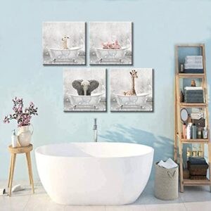 oulawote Animal Wall Art Canvas Print Funny Giraffe Elephant Painting Picture for Bathroom Living Room Decorations (Overall Size: 12''x12''x4pcs)