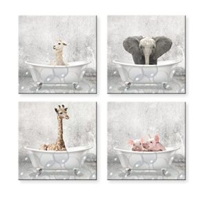oulawote Animal Wall Art Canvas Print Funny Giraffe Elephant Painting Picture for Bathroom Living Room Decorations (Overall Size: 12''x12''x4pcs)