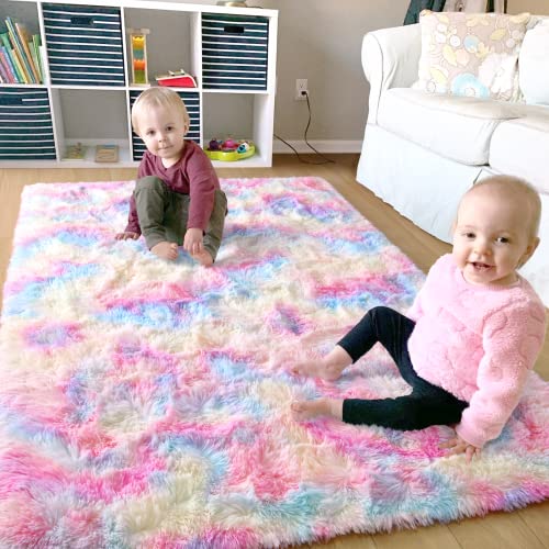 Ompaa Soft Fluffy Rainbow Kids Rug for Girls Bedroom Carpets, 4x6 Feet, Pastel Unicorn Room Decor, Kawaii Tie Dye Rugs for Teens Dorm Aesthetic, Shaggy Nursery Area Rug for Baby Toddler Princess Room