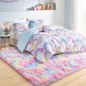 Ompaa Soft Fluffy Rainbow Kids Rug for Girls Bedroom Carpets, 4x6 Feet, Pastel Unicorn Room Decor, Kawaii Tie Dye Rugs for Teens Dorm Aesthetic, Shaggy Nursery Area Rug for Baby Toddler Princess Room