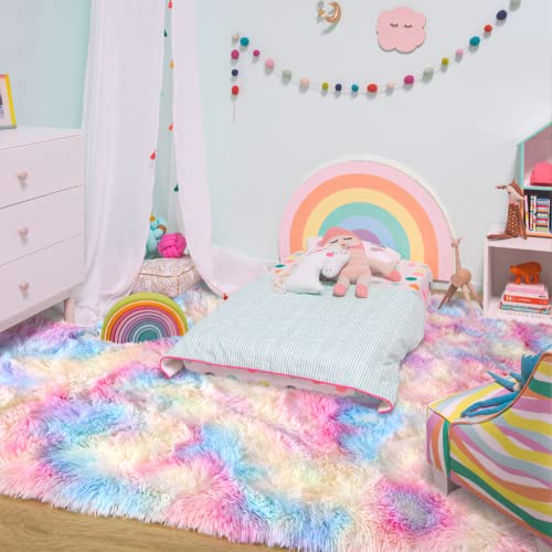 Ompaa Soft Fluffy Rainbow Kids Rug for Girls Bedroom Carpets, 4x6 Feet, Pastel Unicorn Room Decor, Kawaii Tie Dye Rugs for Teens Dorm Aesthetic, Shaggy Nursery Area Rug for Baby Toddler Princess Room