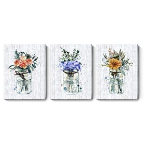 rustic flower canvas wall art for living room 3 piece floral bouquet in vase with rope love home life theme inspirational artwork framed botanical print for home bedroom bathroom farmhouse,12x16inch