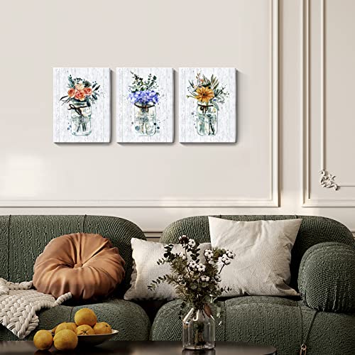 Rustic Flower Canvas Wall Art for Living Room 3 Piece Floral Bouquet in Vase with Rope Love Home Life Theme Inspirational Artwork Framed Botanical Print for Home Bedroom Bathroom Farmhouse,12x16inch