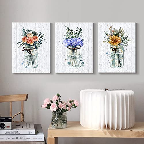 Rustic Flower Canvas Wall Art for Living Room 3 Piece Floral Bouquet in Vase with Rope Love Home Life Theme Inspirational Artwork Framed Botanical Print for Home Bedroom Bathroom Farmhouse,12x16inch