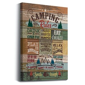 Camping Rules Play Fun Relax Smile Laugh Wood Grain Pattern Wall Art Prints Artwork Decor for Camper Themed Canvas Wall Art Prints,RV Outdoor Living Room Home Decorations,11"x14"