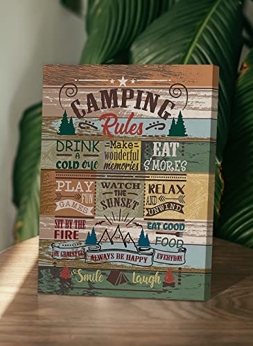 Camping Rules Play Fun Relax Smile Laugh Wood Grain Pattern Wall Art Prints Artwork Decor for Camper Themed Canvas Wall Art Prints,RV Outdoor Living Room Home Decorations,11"x14"