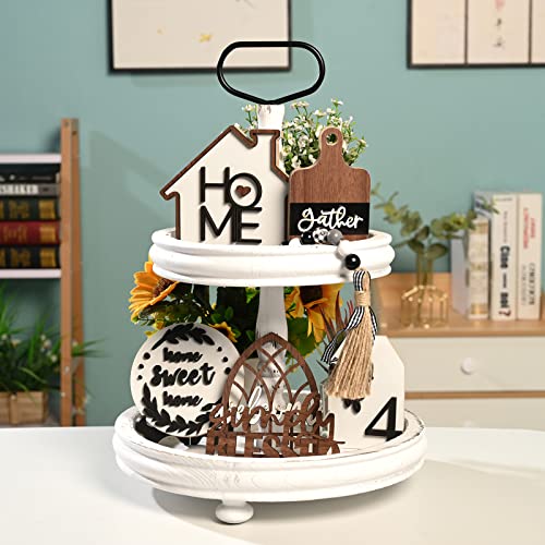 Farmhouse Two Tiered Tray Decor Set - with 7 Pcs Wooden Tier Tray Decor Signs for Home Kitchen Dinning Table Shelf Coffee Station Entryway Decorations