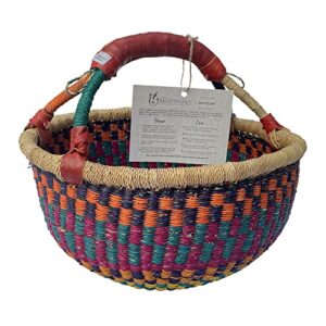 deluxe round colorful african basket – medium 14″ round – by market women in bolgatanga, ghana with africa heartwood project – gbmrc (flat-packed)